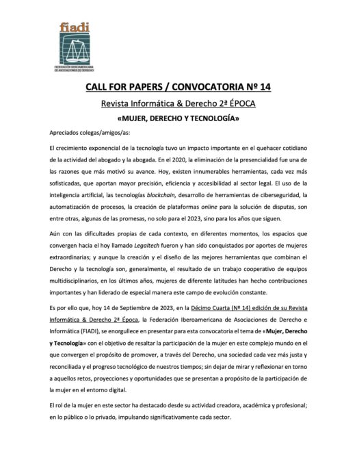 CALL FOR PAPERS / CONVOCATORIA No 14 Revista Informática & Derecho 2a ÉPOCA – Septiembre 2023